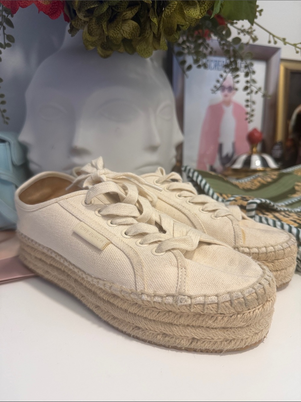 Tory Burch used scuffed Platform Espadrille Sneaker - Cream Canvas Lace-Up